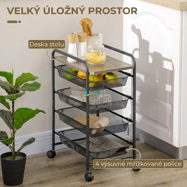 Servírovací / kancelářský vozík se 4mi přihrádkami a deskou, černý 41,5 x 31 x 66 cm 850-257V00BK