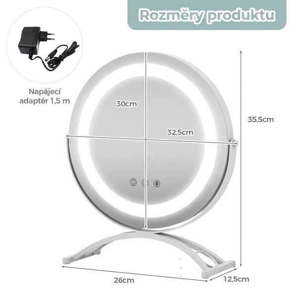 Kosmetické zrcadlo s LED osvětlením, stmívatelné, bílé, průměr 30 cm HU10611DE-WH