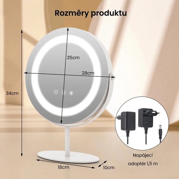 Kosmetické zrcadlo s LED osvětlením, stmívatelné, bílé, průměr 25 cm HU10609DE-WH
