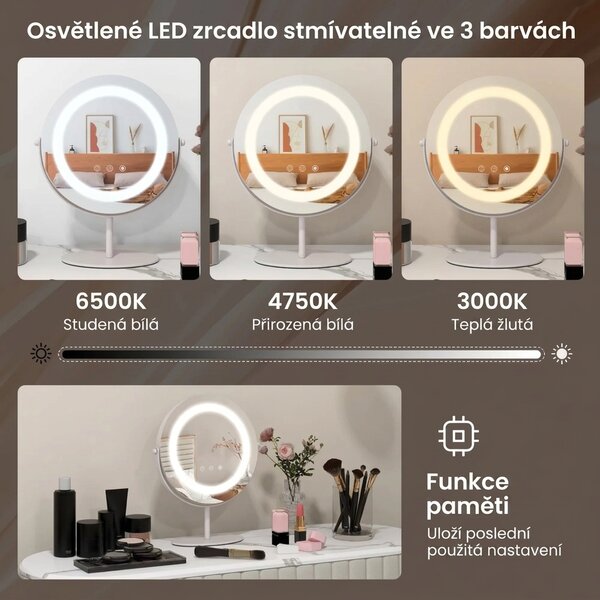 Kosmetické zrcadlo s LED osvětlením, stmívatelné, bílé, průměr 25 cm HU10609DE-WH