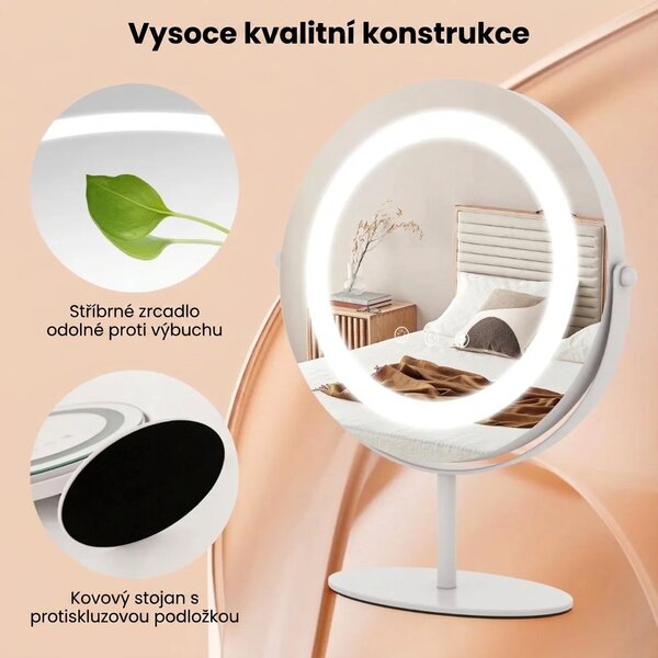 Kosmetické zrcadlo s LED osvětlením, stmívatelné, bílé, průměr 25 cm HU10609DE-WH