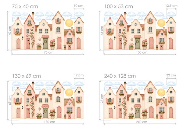Domky pro dívky samolepky na zeď do holčičího pokoje arch 75 x 40 cm