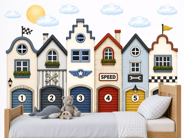 Domečky s garážemi tapety na zeď pro kluky arch 75 x 41 cm