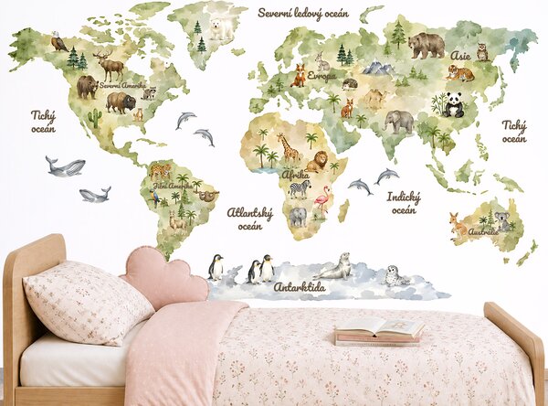 Akvarelová mapa světa se zvířátky dětské samolepky na zeď výsledný rozměr 109 x 62 cm