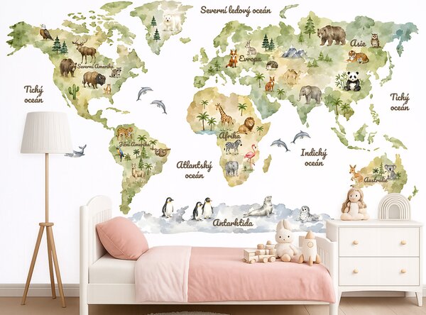 Akvarelová mapa světa se zvířátky dětské samolepky na zeď výsledný rozměr 109 x 62 cm
