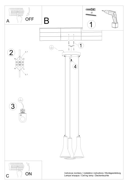 Sollux SL.1226 - Lustr na lanku REA 3xE14/12W/230V beton