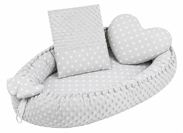 Luxusní hnízdečko s polštářkem a peřinkou New Baby z Minky Srdíčko šedé