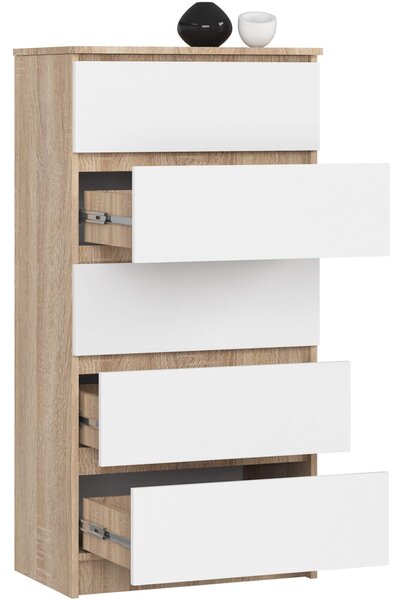 Ak furniture Komoda Kuba 60 cm - 5 šuplíků dub sonoma/bílá