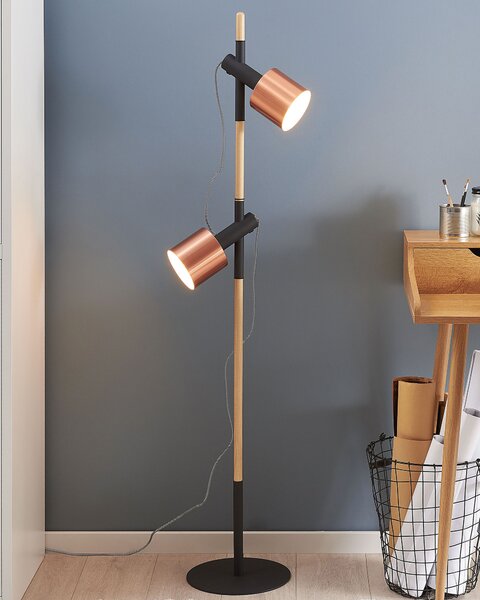 Stojací lampa OWENS Nastavitelná Dubové dřevo Černá