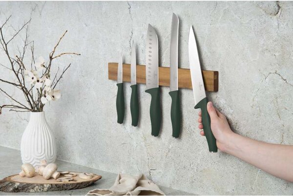 Sada nožů s magnetickým držákem z akátového dřeva 6 ks Matte Green Collection
