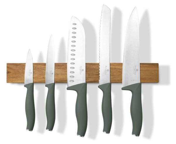 Sada nožů s magnetickým držákem z akátového dřeva 6 ks Matte Green Collection