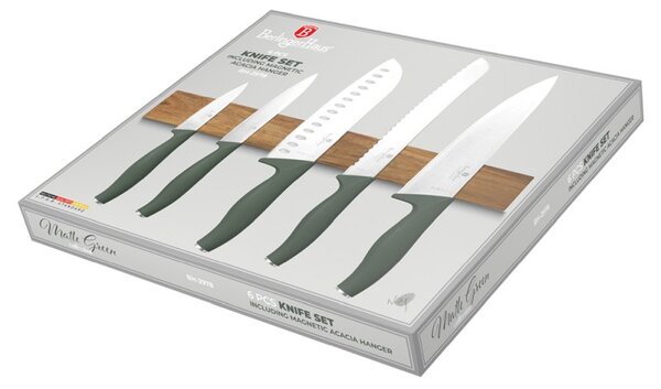 Sada nožů s magnetickým držákem z akátového dřeva 6 ks Matte Green Collection