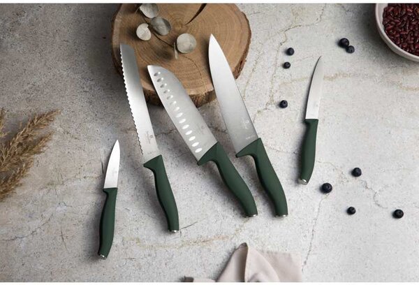 Sada nožů s magnetickým držákem z akátového dřeva 6 ks Matte Green Collection