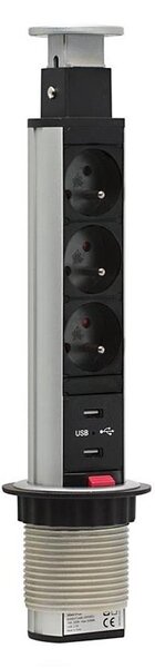 Přípojný zásuvkový sloupek pro desku stolu 3x230V + 2xUSB