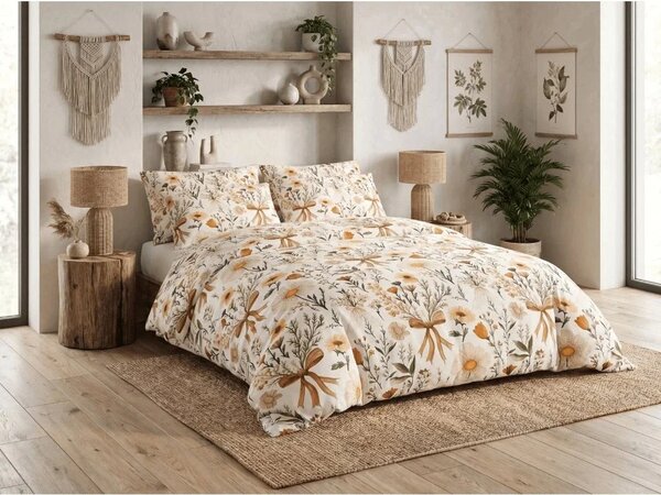 Sada krepového povlečení FLORAL RIBBON POLY barevné + prostěradlo Jersey 180 x 200 cm světle béžové, dvoulůžko