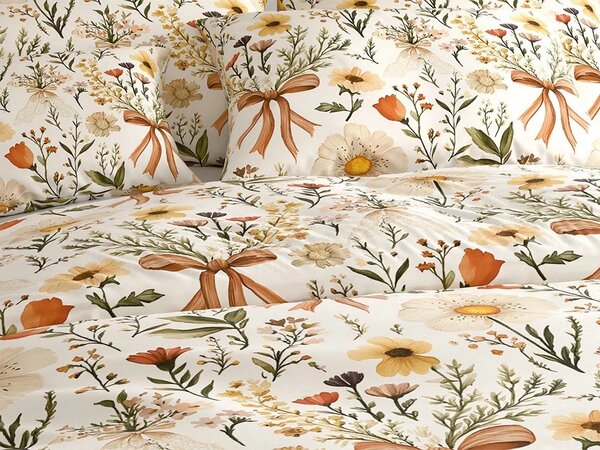 Sada krepového povlečení FLORAL RIBBON POLY barevné + prostěradlo Jersey 180 x 200 cm světle béžové, dvoulůžko