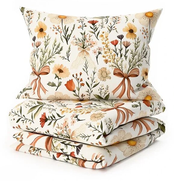 Sada krepového povlečení FLORAL RIBBON POLY barevné + prostěradlo Jersey 180 x 200 cm světle béžové, dvoulůžko