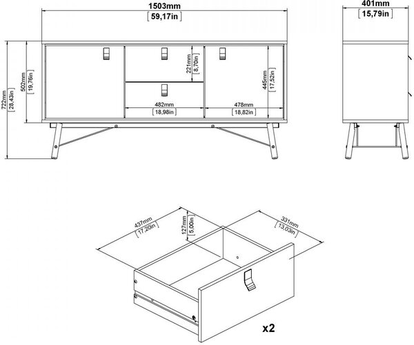 Tvilum Komoda Rainy 150 cm černá/ořech tmavý