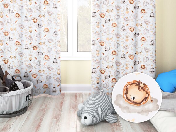 Biante Dětský bavlněný závěs Sandra SA-763 Africká zvířátka na šedobéžových obláčcích na bílém 150x140 cm