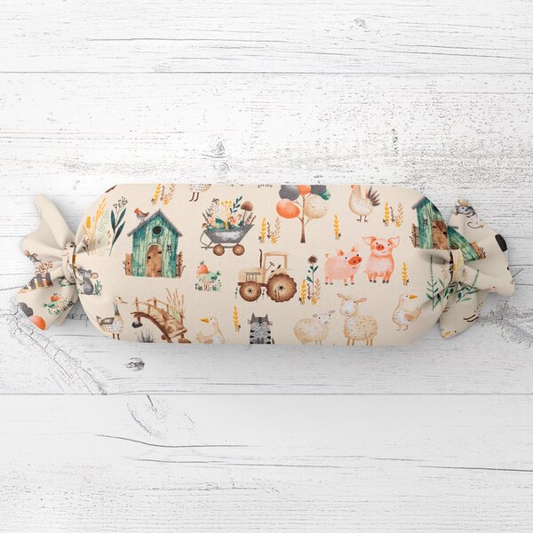 Biante Dětský polštář válec bonbon Sandra SA-762 Zvířátka na farmě na krémovém 15x40 cm