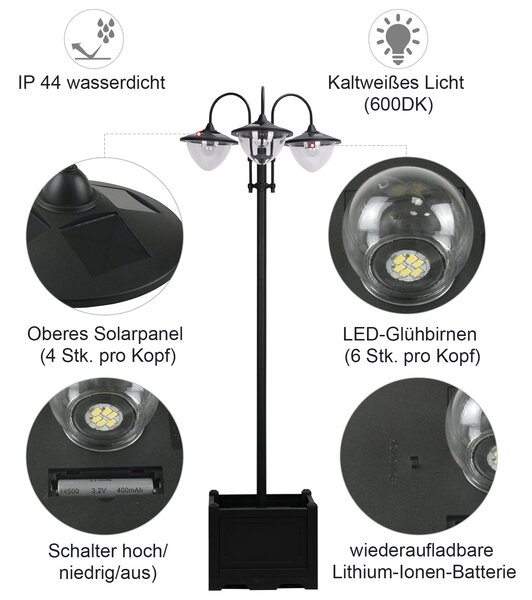 OUTSUNNY Solární zahradní lucerna 3-hlavová lampa s podstavcem květináče, vodotěsná, nerezová ocel, 60x55x189cm| Aosom