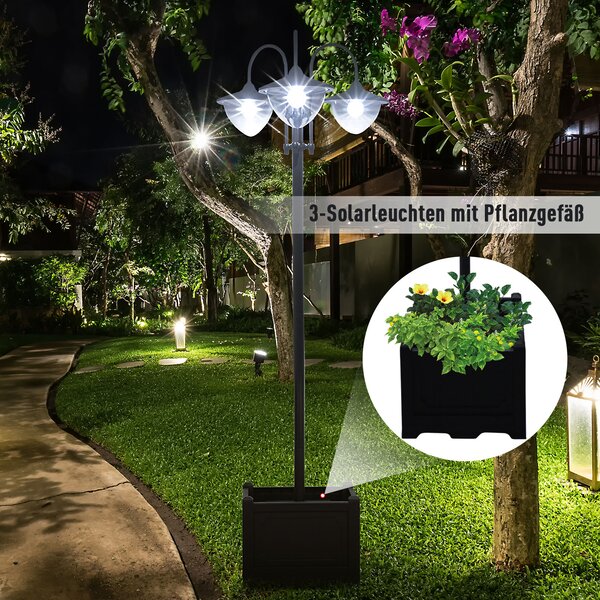 OUTSUNNY Solární zahradní lucerna 3-hlavová lampa s podstavcem květináče, vodotěsná, nerezová ocel, 60x55x189cm| Aosom