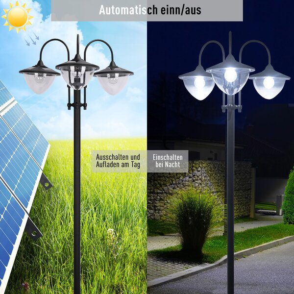 OUTSUNNY Solární zahradní lucerna 3-hlavová lampa s podstavcem květináče, vodotěsná, nerezová ocel, 60x55x189cm| Aosom