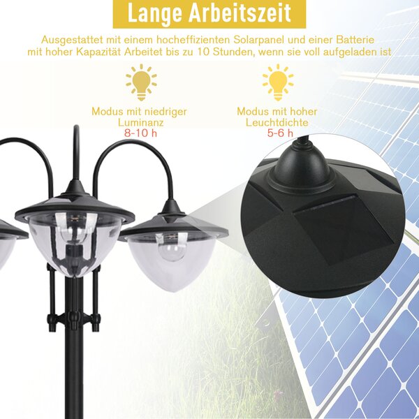 OUTSUNNY Solární zahradní lucerna 3-hlavová lampa s podstavcem květináče, vodotěsná, nerezová ocel, 60x55x189cm| Aosom