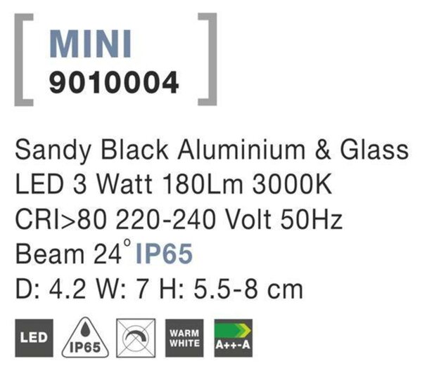NOVA LUCE venkovní reflektor MINI černý hliník a sklo LED 3W 3000K 220-240V 24st. IP65 9010004