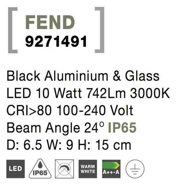 NOVA LUCE venkovní nástěnné svítidlo FEND černý hliník a sklo LED 10W 3000K 100-240V 24st. IP65 9271491