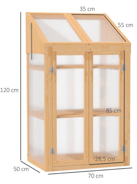 OUTSUNNY Polykarbonátový mini skleník se třemi policemi 70 x 50 x 120 cm světlé dřevo