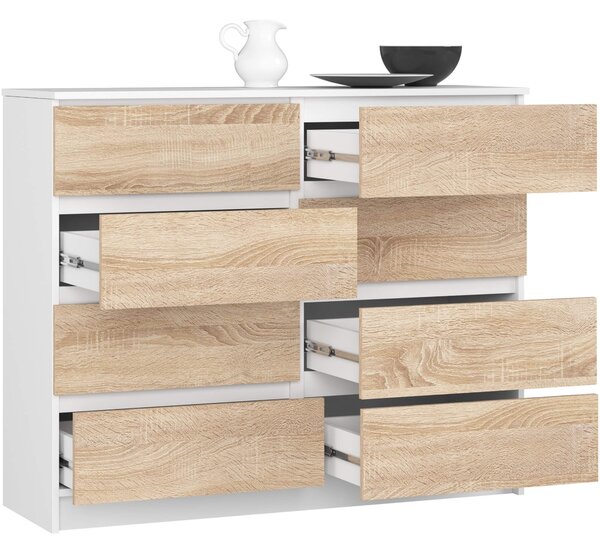 Ak furniture Komoda Kuba 120 cm 8 šuplíků bílá/sonoma