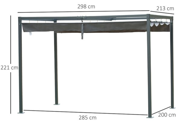 OUTSUNNY Kovová pergola s posuvnou látkovou střechou 298 x 221 x 213 cm šedá