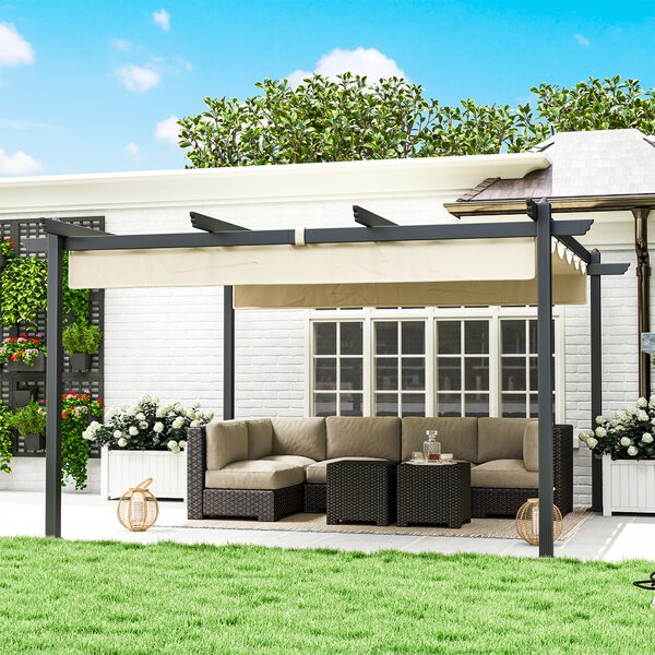 OUTSUNNY Hliníková pergola s nastavitelnou látkovou střechou 390 x 390 cm béžová
