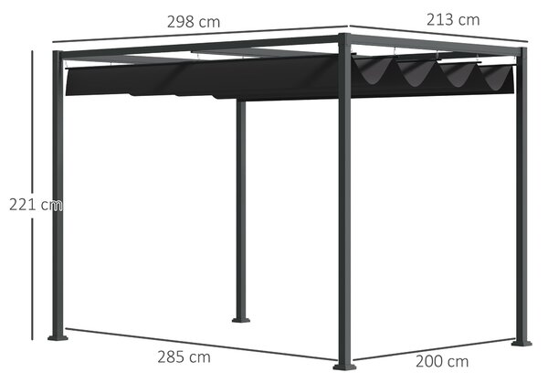 OUTSUNNY Kovová pergola s posuvnou látkovou střechou 298 x 221 x 213 cm černá