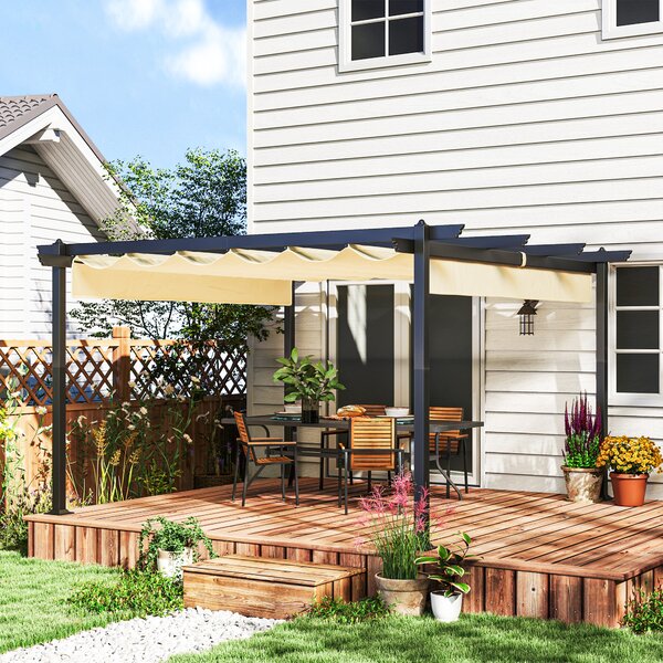 OUTSUNNY Hliníková pergola s nastavitelnou látkovou střechou 390 x 390 cm béžová