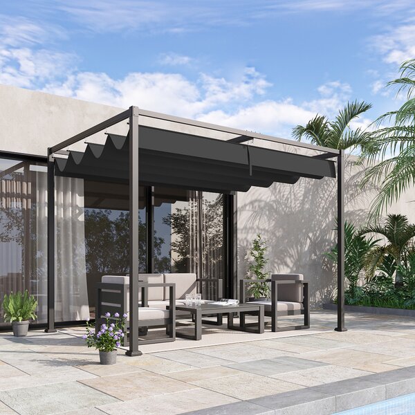 OUTSUNNY Kovová pergola s posuvnou látkovou střechou 298 x 221 x 213 cm černá