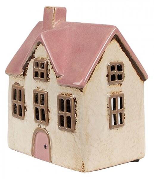 Růžovo-bílý keramický domeček na čajovou svíčku Houthem XXVII – 13x10x16 cm