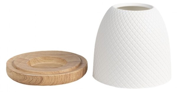 Bílý porcelánový svícen na čajovou svíčku na dřevěném podstavci – 9x10 cm