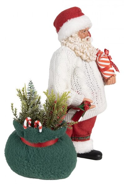 Vánoční figurka Santa Claus v pleteném svetru se zeleným pytlem – 27 cm