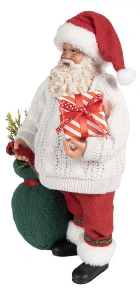 Vánoční figurka Santa Claus v pleteném svetru se zeleným pytlem – 27 cm