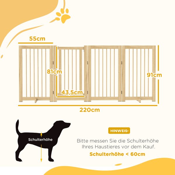 PAWHUT Zábrana pro psy čtyřdílná dřevěná skládací 55-220 x 91 cm světlé dřevo