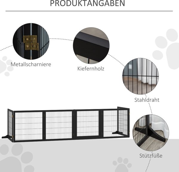 PAWHUT Zábrana pro psy šestidílná dřevěná skládací 70-432 x 70 cm černá