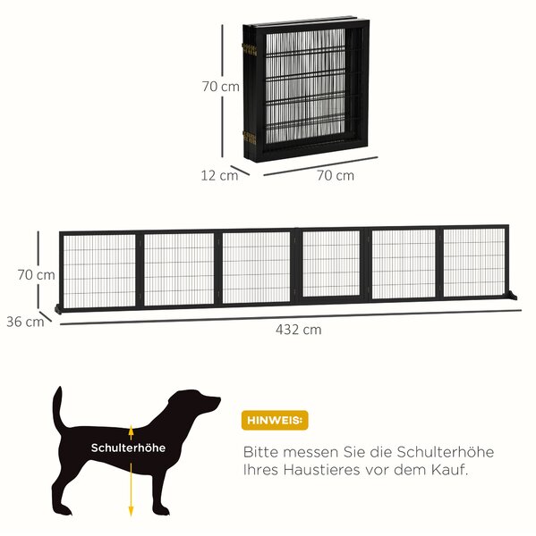 PAWHUT Zábrana pro psy šestidílná dřevěná skládací 70-432 x 70 cm černá