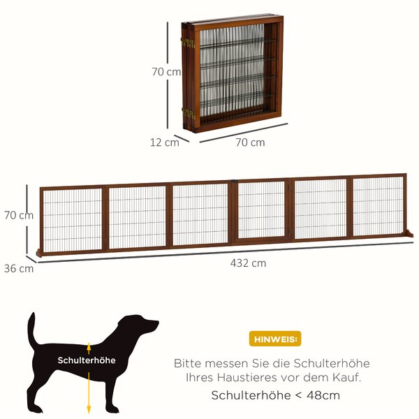 PAWHUT Zábrana pro psy šestidílná dřevěná skládací 70-432 x 70 cm hnědá