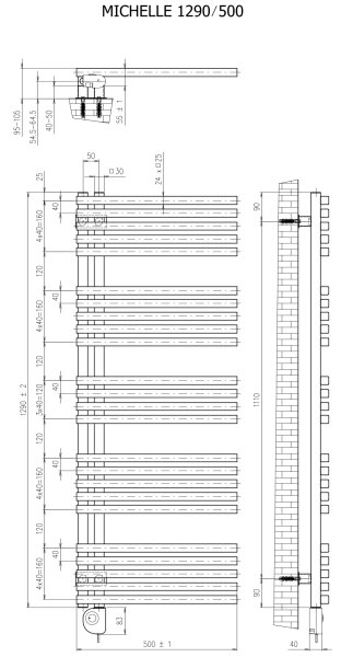 Vertaduro - Koupelnový radiátor s termostatem MICHELLE 600W 129x50 cm černá