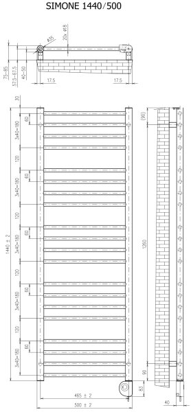 Vertaduro - Koupelnový radiátor s termostatem SIMONE 600W 144x50 cm černá