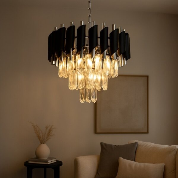Lustr na řetězu CRISTAL 5xE14/10W/230V černá/matný chrom