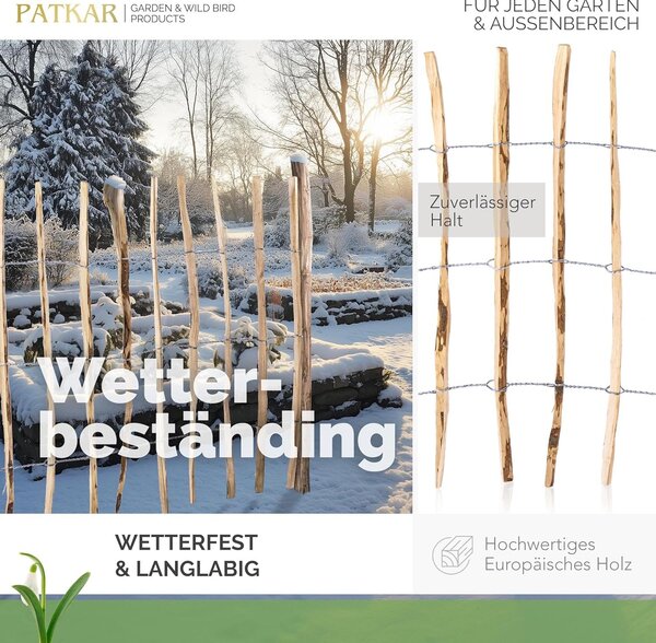 PATKAR® plotové latě 500 x 90 cm [ODOLNÉ PROTI POVĚTRNOSTNÍM VLIVŮM A STABILNÍ] – dřevěný plot, zahradní plot, dřevěné ohraničení – plotové latě vysoké 90 cm (vyrobeno v Evropě) – zahradní plot k zapíchnutí – snadno montovatelný dřevěný plot