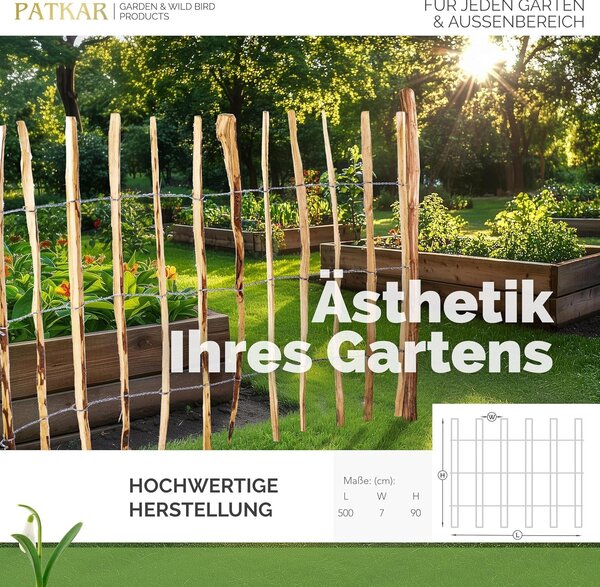 PATKAR® plotové latě 500 x 90 cm [ODOLNÉ PROTI POVĚTRNOSTNÍM VLIVŮM A STABILNÍ] – dřevěný plot, zahradní plot, dřevěné ohraničení – plotové latě vysoké 90 cm (vyrobeno v Evropě) – zahradní plot k zapíchnutí – snadno montovatelný dřevěný plot